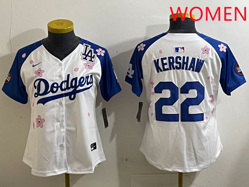 Women Los Angeles Dodgers 22 Kershaw White Blue Sakura Edition 2025 Nike MLB Jersey style 8